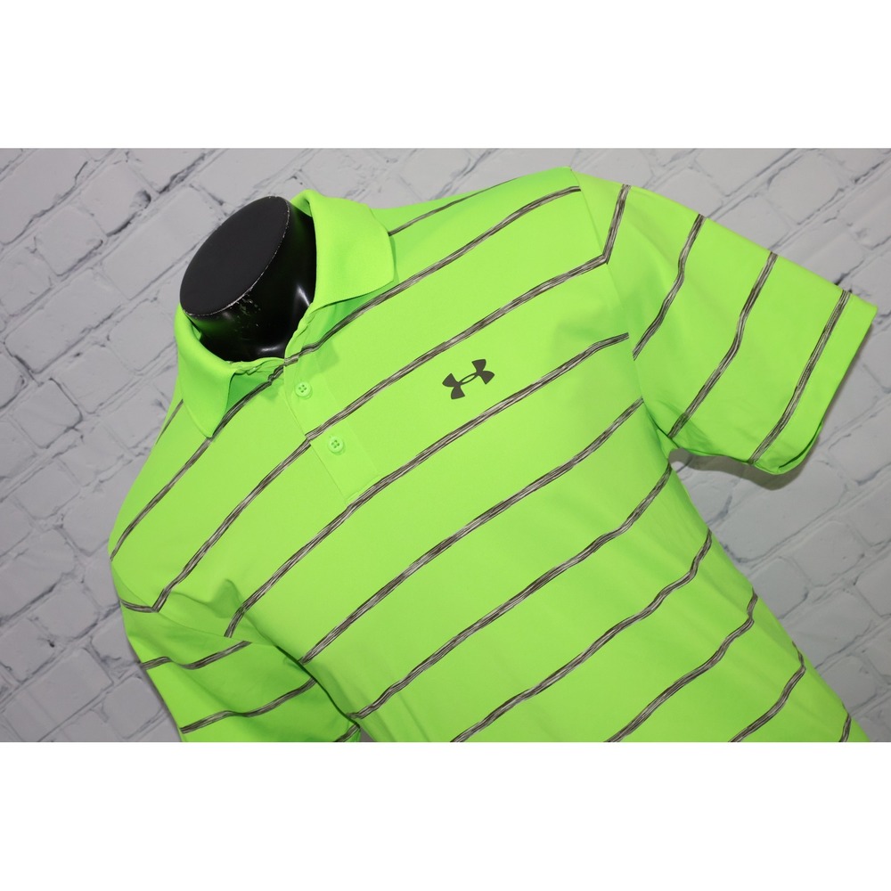 Under Armour Polo Men Large Neon Green Striped Short Sleeve HeatGear Golf Shirt